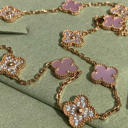 [Lumi Jewellery]CLOVER 10 MOTIFS DIAMOND PINK MOP NECKLACE