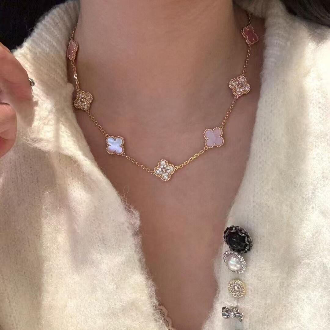 [Lumi Jewellery]CLOVER 10 MOTIFS DIAMOND PINK MOP NECKLACE