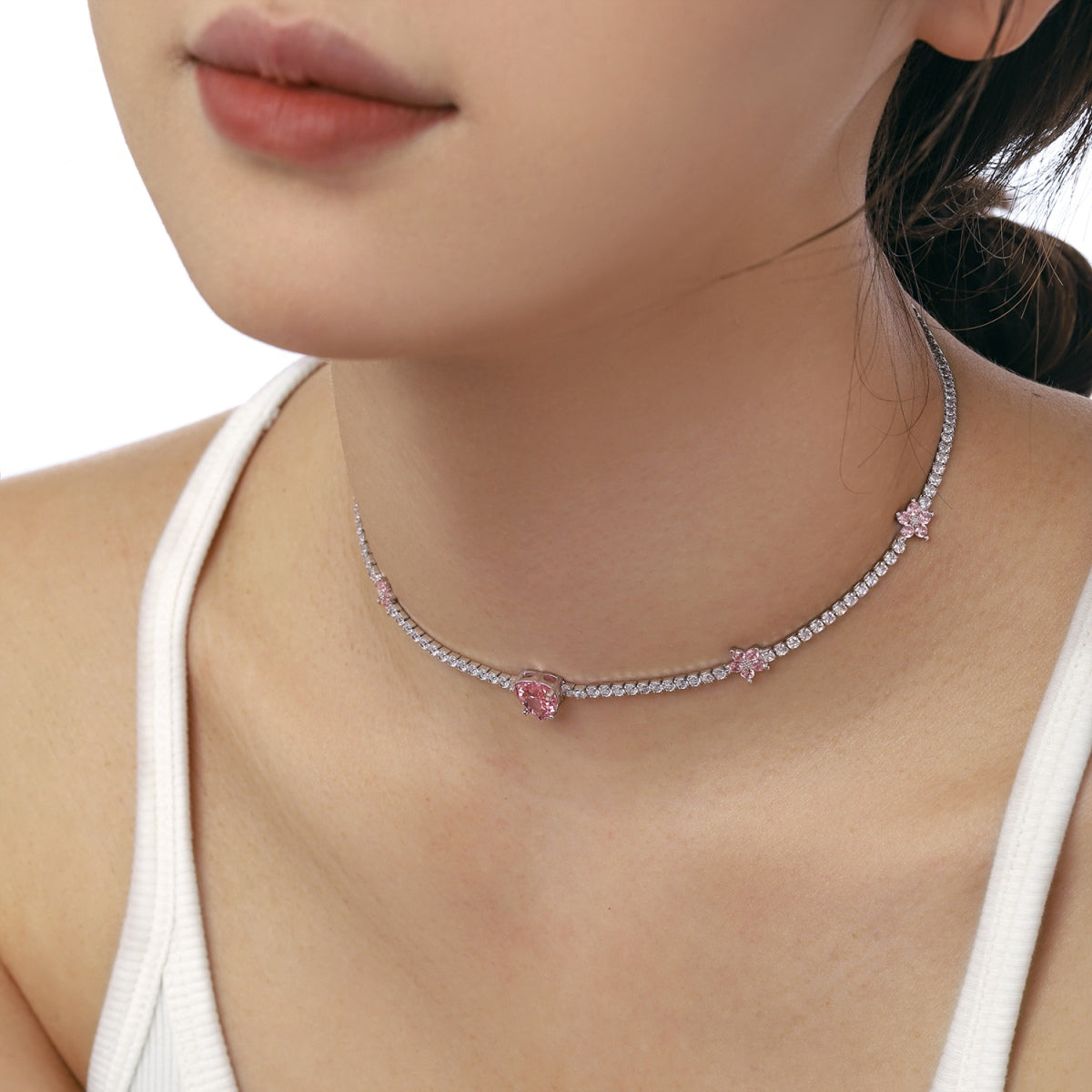 [Lumi Jewellery]Dazzling Pink Heart Flower Necklace