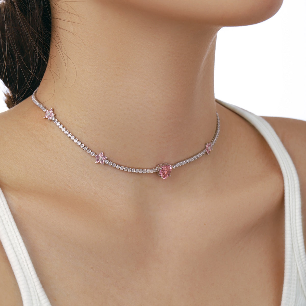 [Lumi Jewellery]Dazzling Pink Heart Flower Necklace