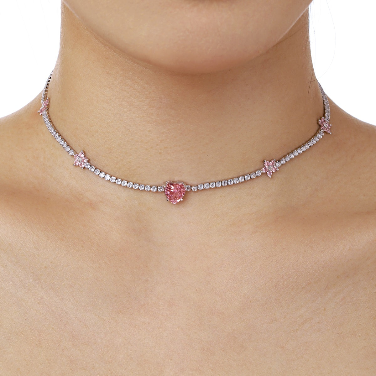 [Lumi Jewellery]Dazzling Pink Heart Flower Necklace