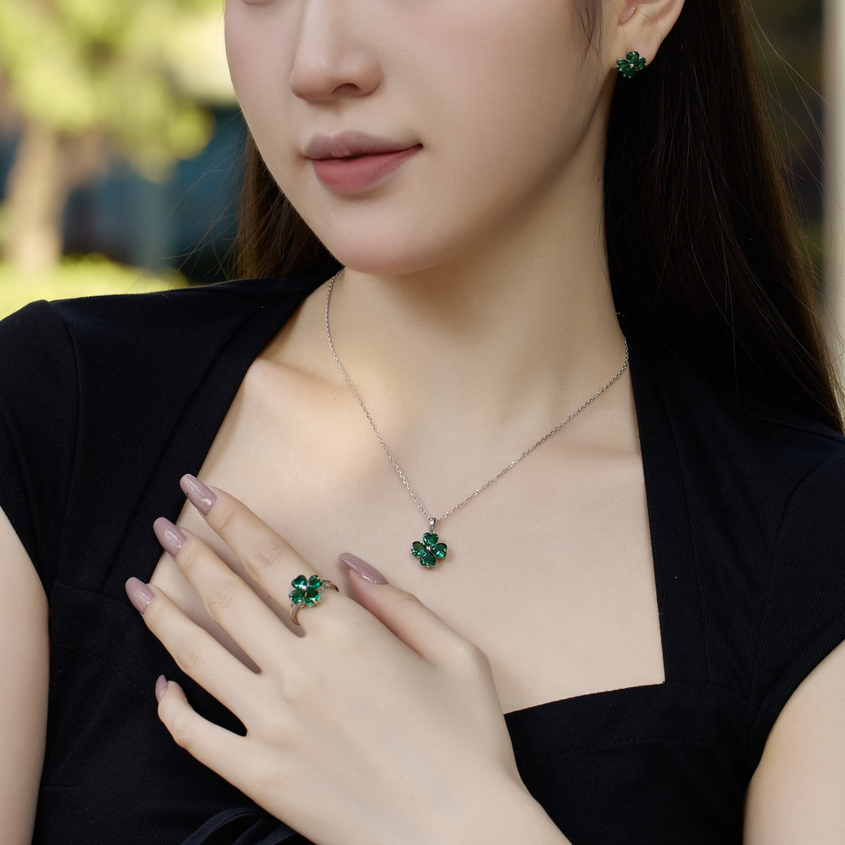 [Lumi Jewellery]Heart-shaped Four-Leaf Clover Ball Ring
