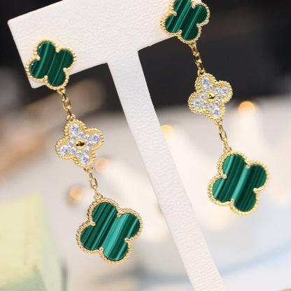 [Lumi Jewellery]CLOVER EARRINGS GOLD MALACHITE DIAMOND 3 MOTIF