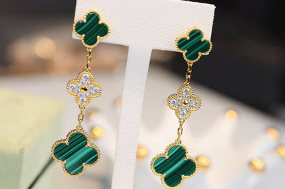 [Lumi Jewellery]CLOVER EARRINGS GOLD MALACHITE DIAMOND 3 MOTIF
