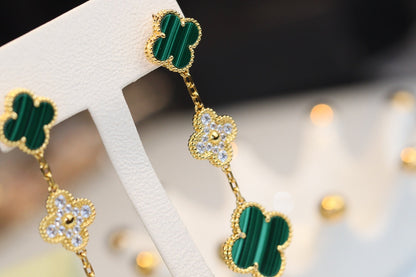 [Lumi Jewellery]CLOVER EARRINGS GOLD MALACHITE DIAMOND 3 MOTIF