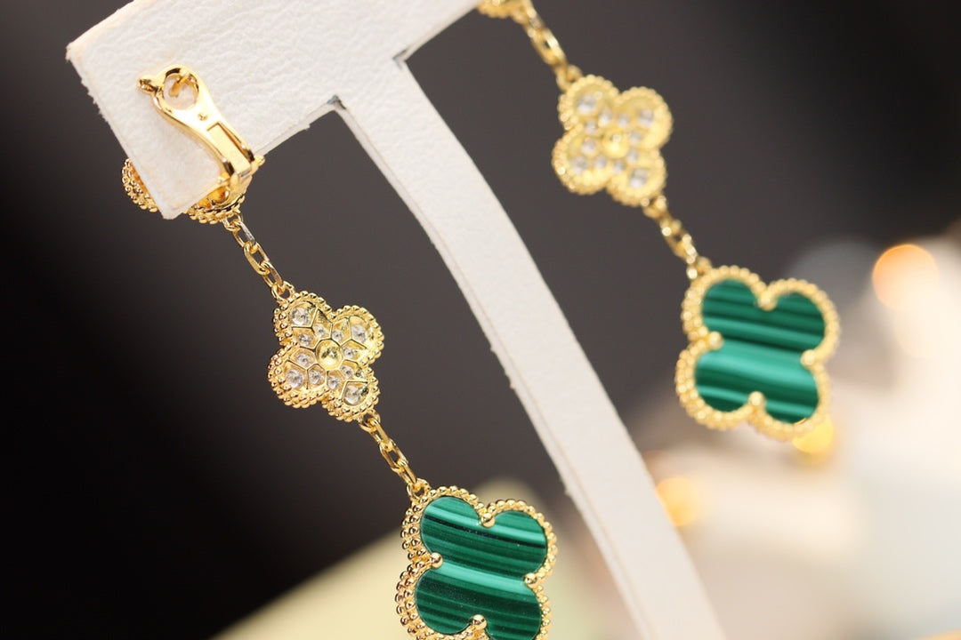 [Lumi Jewellery]CLOVER EARRINGS GOLD MALACHITE DIAMOND 3 MOTIF