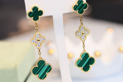 [Lumi Jewellery]CLOVER EARRINGS GOLD MALACHITE DIAMOND 3 MOTIF
