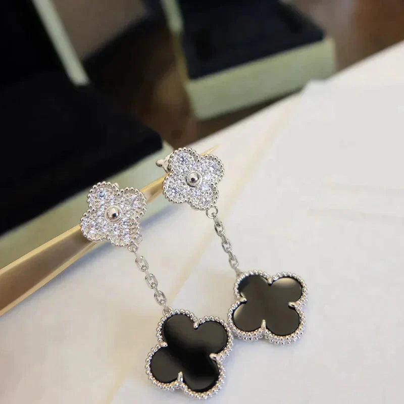 [Lumi Jewellery]CLOVER 2 MOTIFS  DIAMOND ONYX EARRINGS SILVER