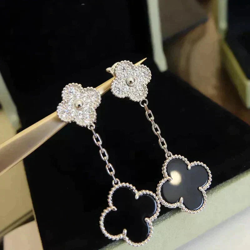 [Lumi Jewellery]CLOVER 2 MOTIFS  DIAMOND ONYX EARRINGS SILVER