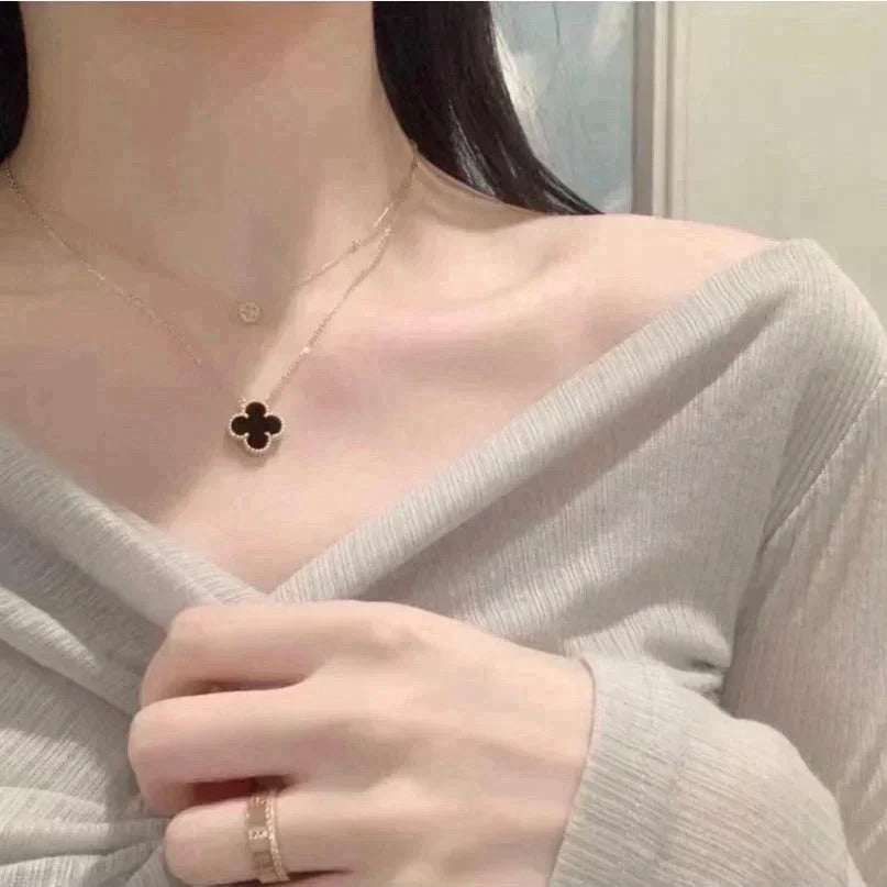 [Lumi Jewellery]CLOVER 15MM BLACK ONYX SINGLE FLOWER NECKLACE