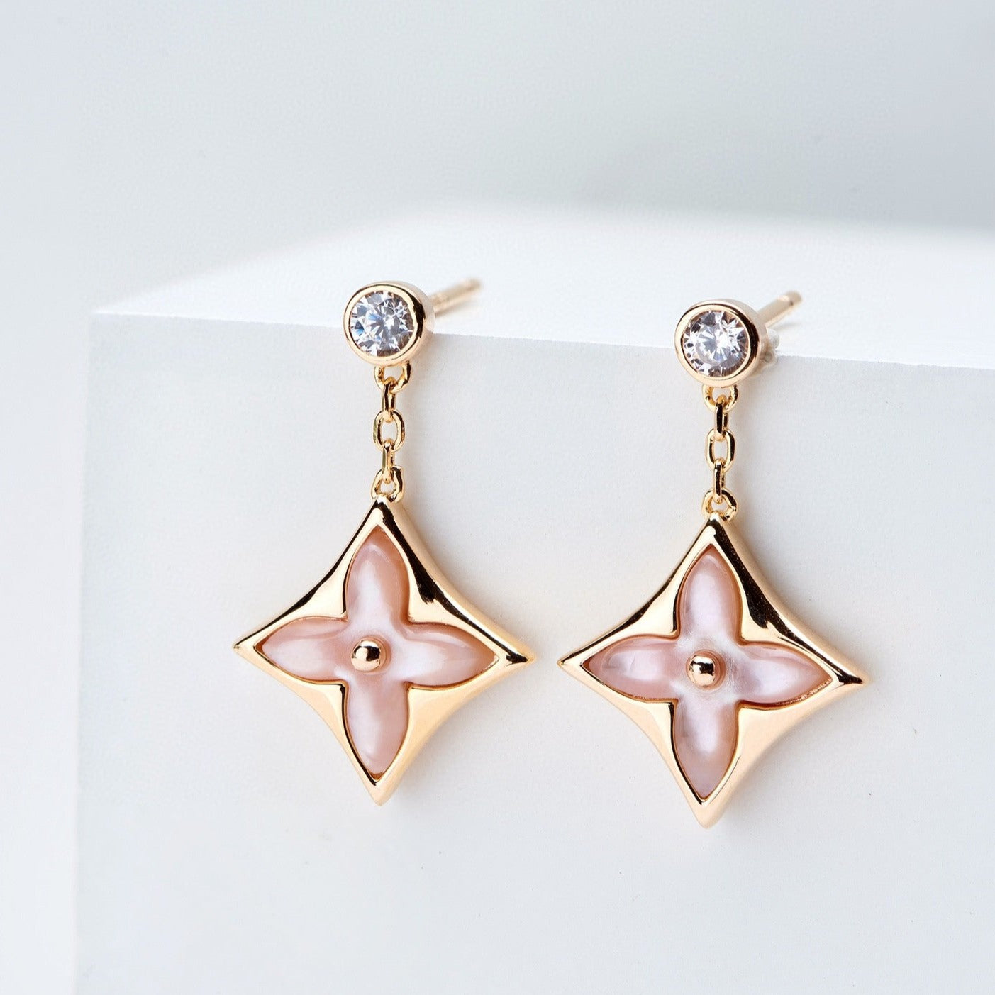 [Lumi Jewellery]DOUBLE STAR PINK GOLD MOP DROP EARRINGS