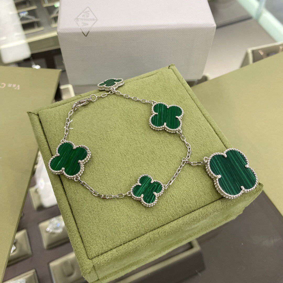 [Lumi Jewellery]CLOVER 5 MOTIFS SIVLER MALACHITE BRACELET