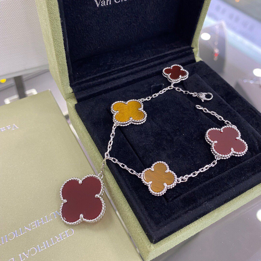 [Lumi Jewellery]CLOVER 5 MOTIFS SIVLER CARNELIAN TIGER EYE BRACELET