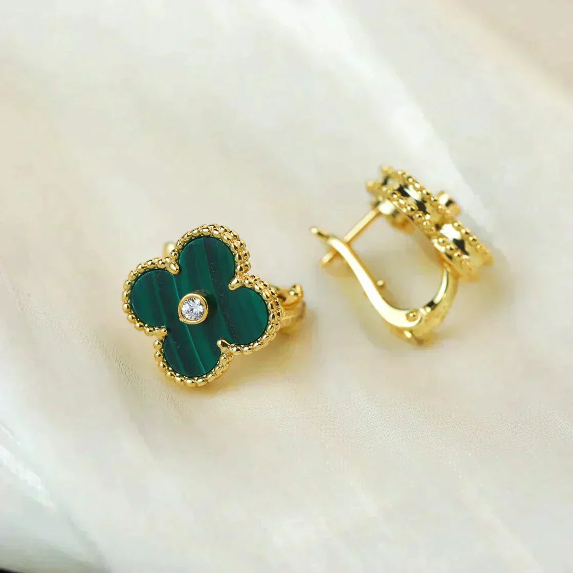 [Lumi Jewellery]CLOVER MEDIUM 1 MOTIFS MALACHITE DIAMOND EARRINGS