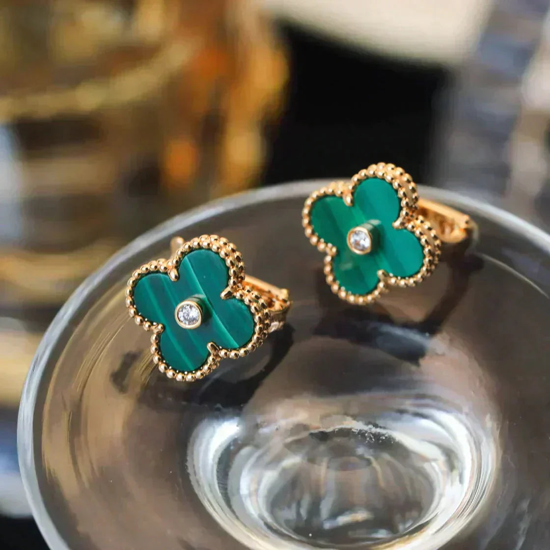 [Lumi Jewellery]CLOVER MEDIUM 1 MOTIFS MALACHITE DIAMOND EARRINGS