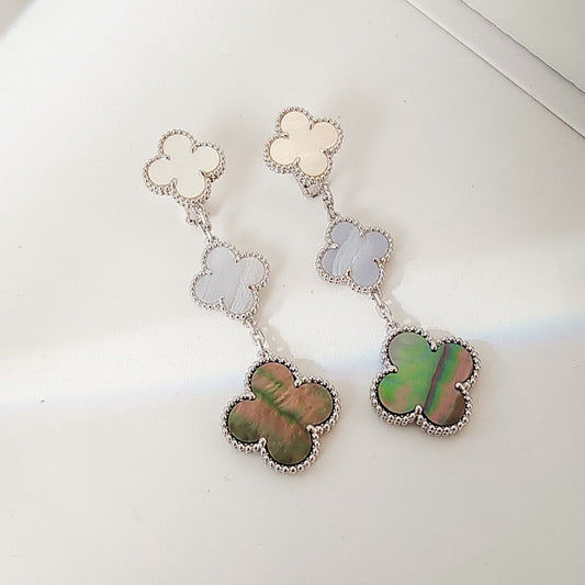 [Lumi Jewellery]CLOVER 3 MOTIFS CHALCEDONY DARK MOP SILVER EARRINGS