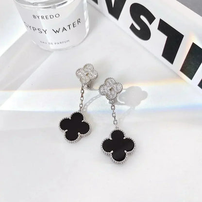 [Lumi Jewellery]CLOVER 2 MOTIFS  DIAMOND ONYX EARRINGS SILVER