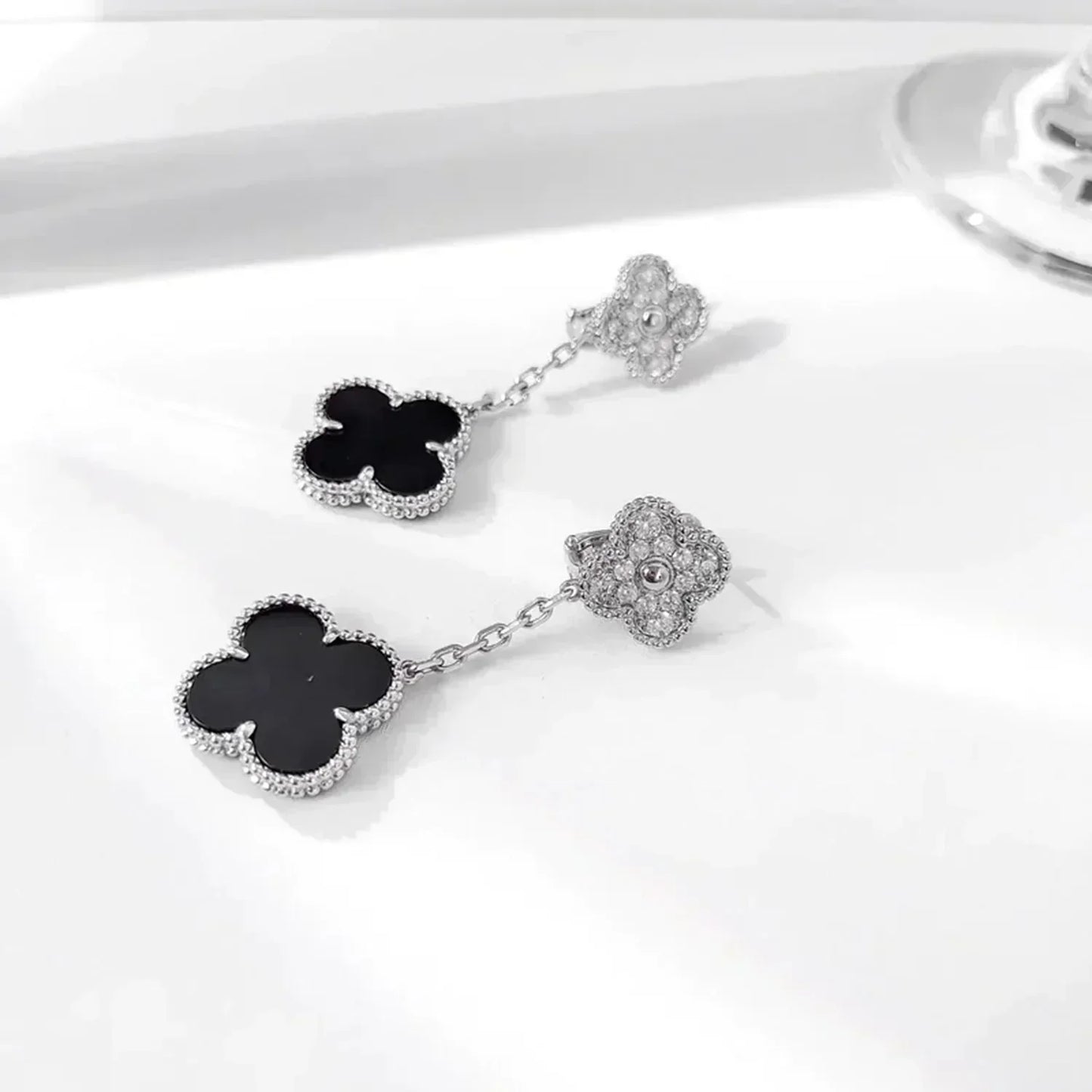 [Lumi Jewellery]CLOVER 2 MOTIFS  DIAMOND ONYX EARRINGS SILVER