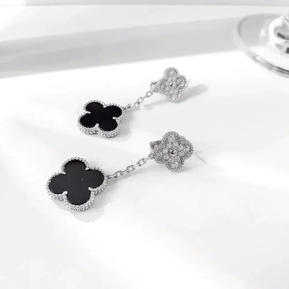 [Lumi Jewellery]CLOVER 2 MOTIFS  DIAMOND ONYX EARRINGS SILVER
