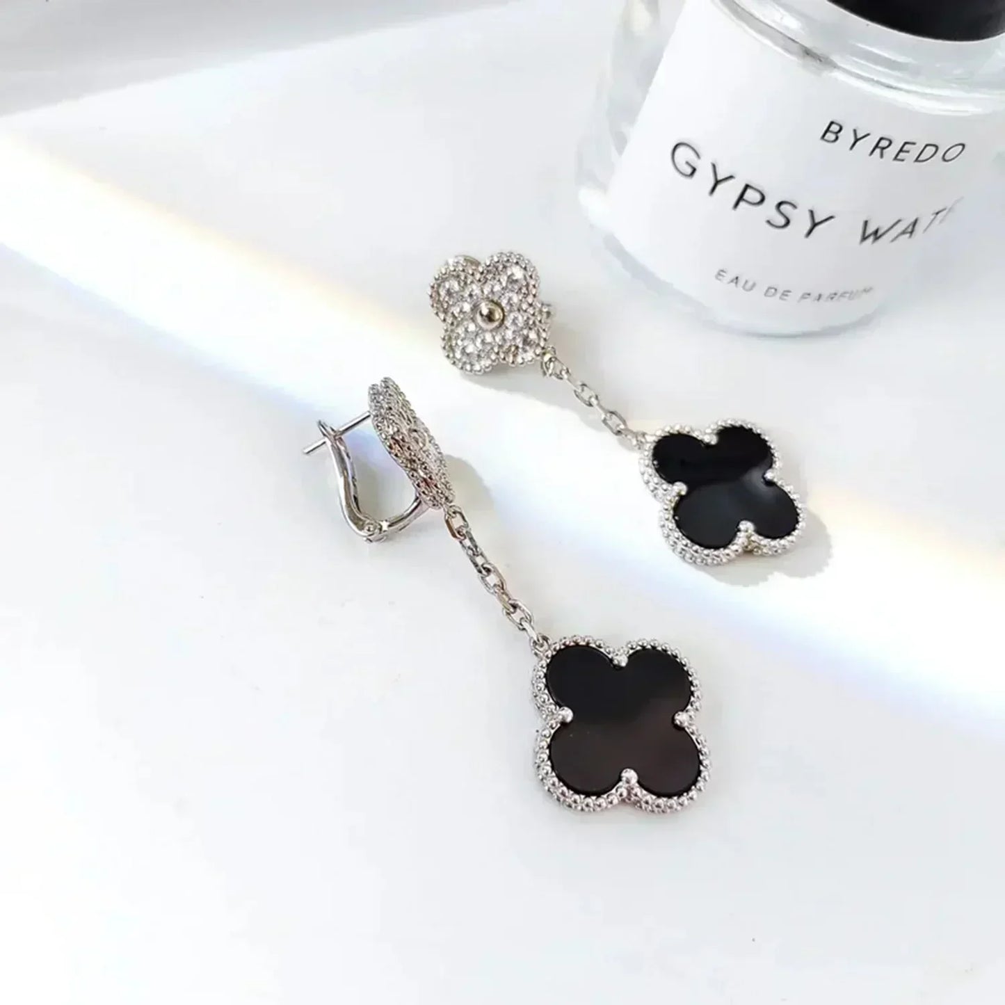 [Lumi Jewellery]CLOVER 2 MOTIFS  DIAMOND ONYX EARRINGS SILVER