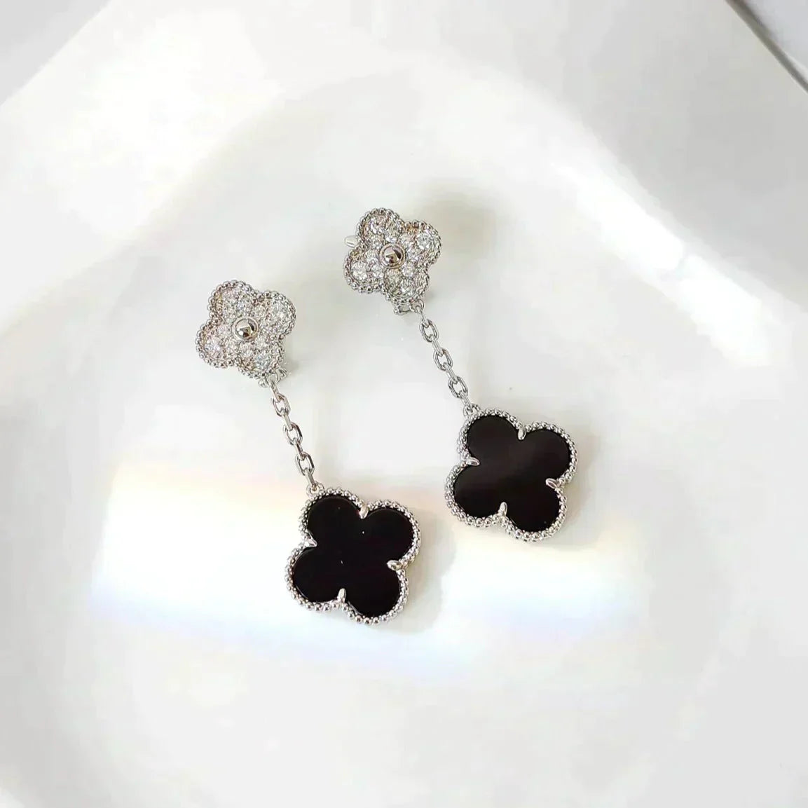 [Lumi Jewellery]CLOVER 2 MOTIFS  DIAMOND ONYX EARRINGS SILVER
