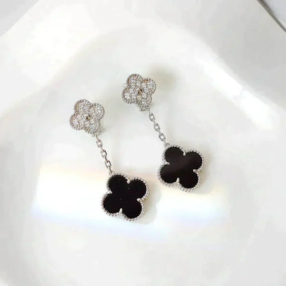 [Lumi Jewellery]CLOVER 2 MOTIFS  DIAMOND ONYX EARRINGS SILVER
