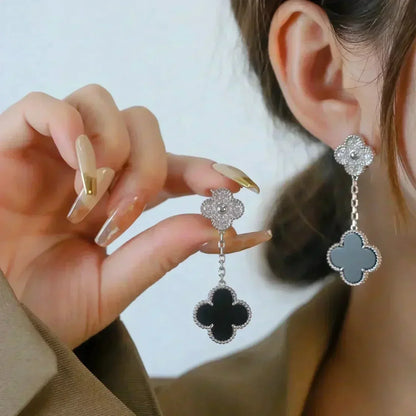[Lumi Jewellery]CLOVER 2 MOTIFS  DIAMOND ONYX EARRINGS SILVER