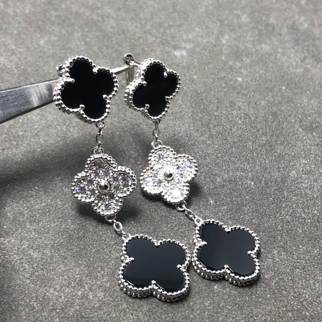 [Lumi Jewellery]CLOVER 3 MOTIF DIAMOND ONYX SILVER EARRINGS