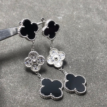 [Lumi Jewellery]CLOVER 3 MOTIF DIAMOND ONYX SILVER EARRINGS