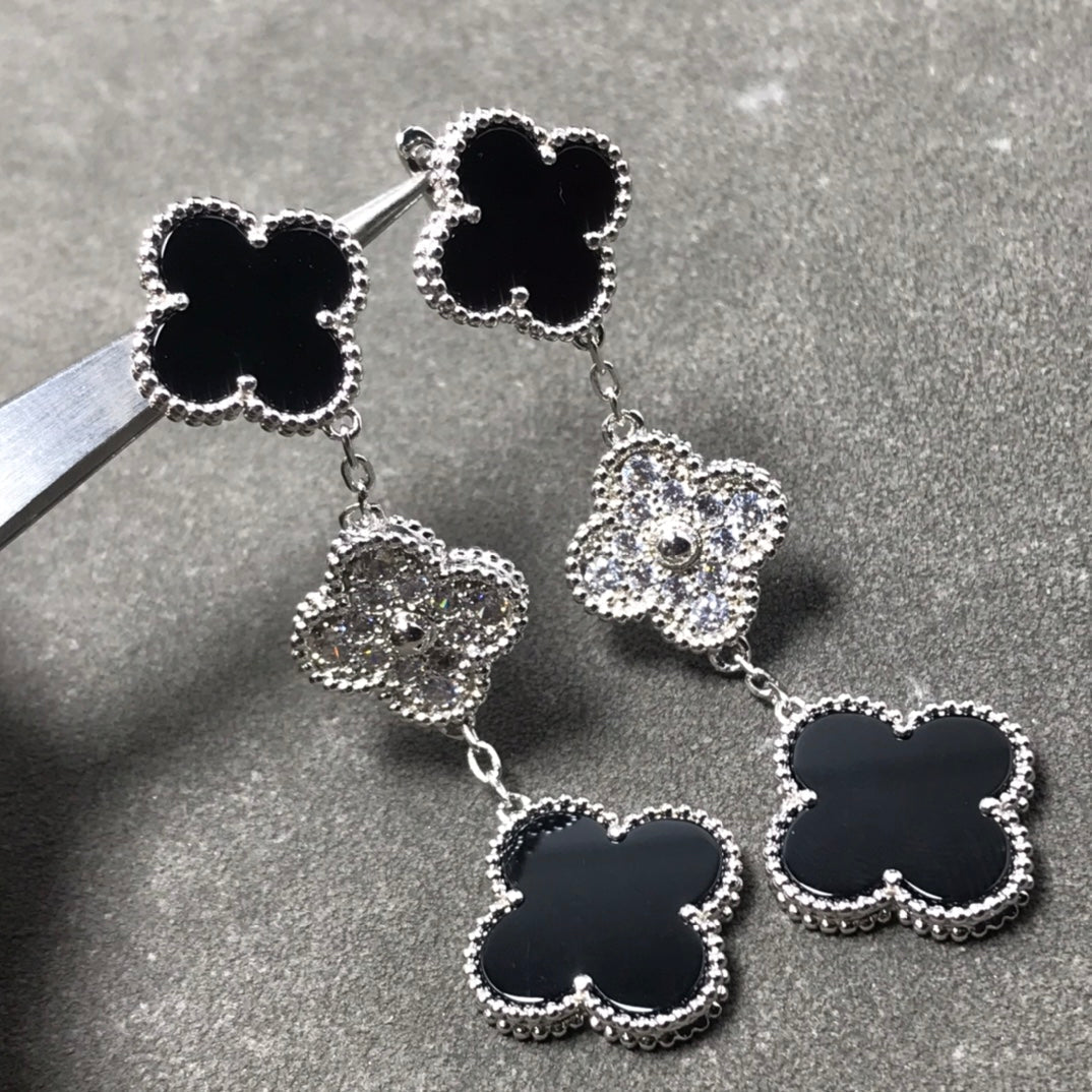 [Lumi Jewellery]CLOVER 3 MOTIF DIAMOND ONYX SILVER EARRINGS