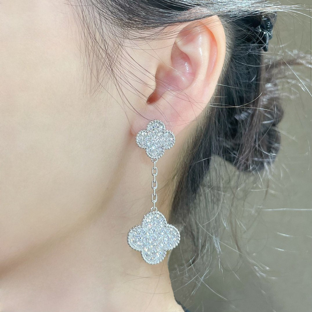 [Lumi Jewellery]CLOVER 2 MOTIFS DIAMOND PAVED SILVER EARRINGS