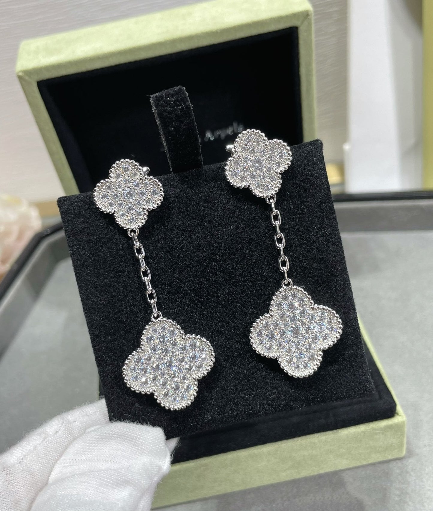 [Lumi Jewellery]CLOVER 2 MOTIFS DIAMOND PAVED SILVER EARRINGS