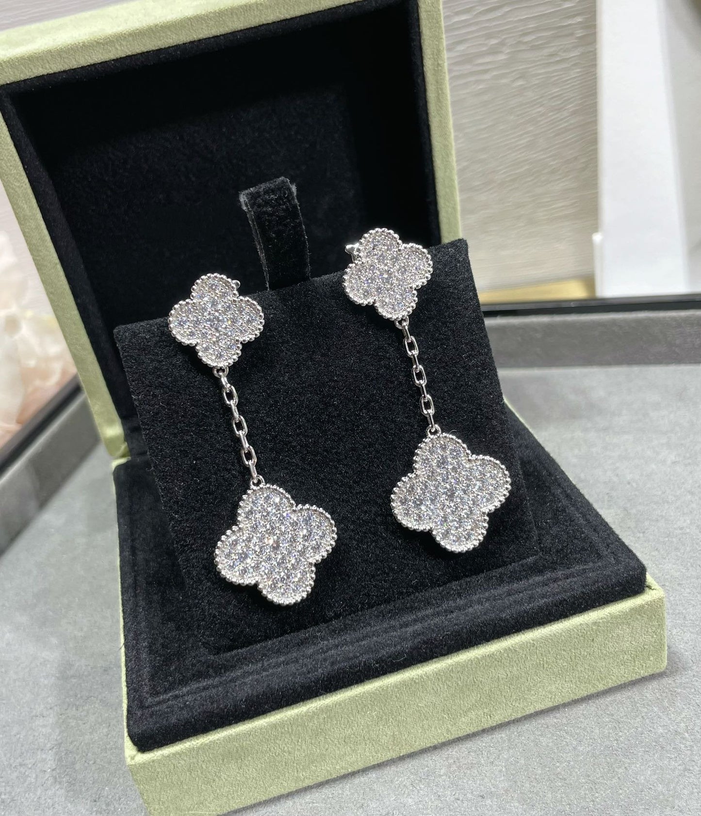 [Lumi Jewellery]CLOVER 2 MOTIFS DIAMOND PAVED SILVER EARRINGS