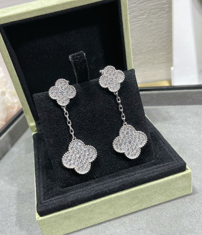 [Lumi Jewellery]CLOVER 2 MOTIFS DIAMOND PAVED SILVER EARRINGS