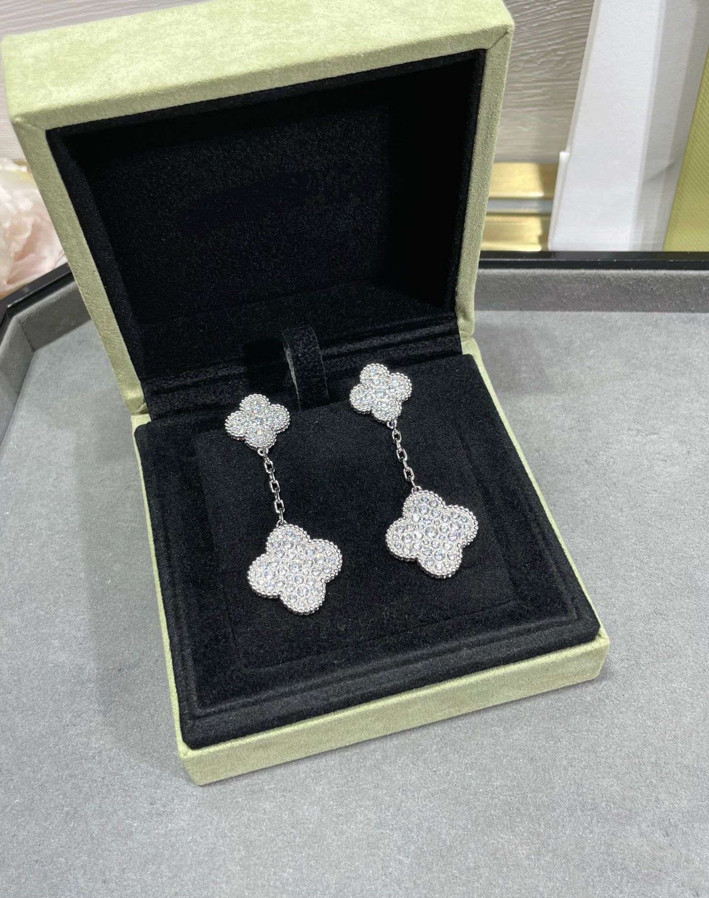 [Lumi Jewellery]CLOVER 2 MOTIFS DIAMOND PAVED SILVER EARRINGS