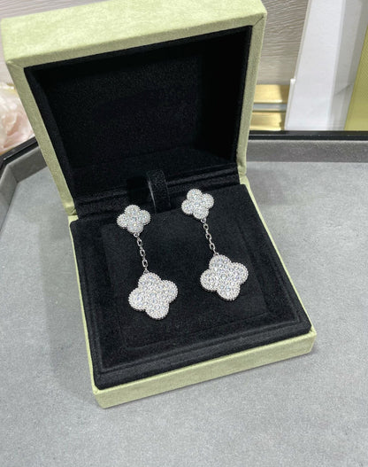 [Lumi Jewellery]CLOVER 2 MOTIFS DIAMOND PAVED SILVER EARRINGS