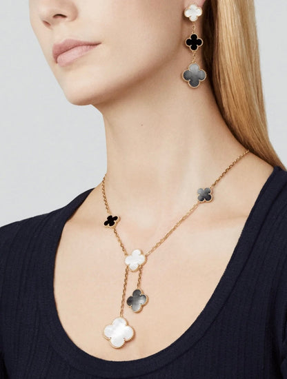 [Lumi Jewellery]CLOVER 3 MOTIF MOP ONYX DARK MOP PINK GOLD EARRINGS