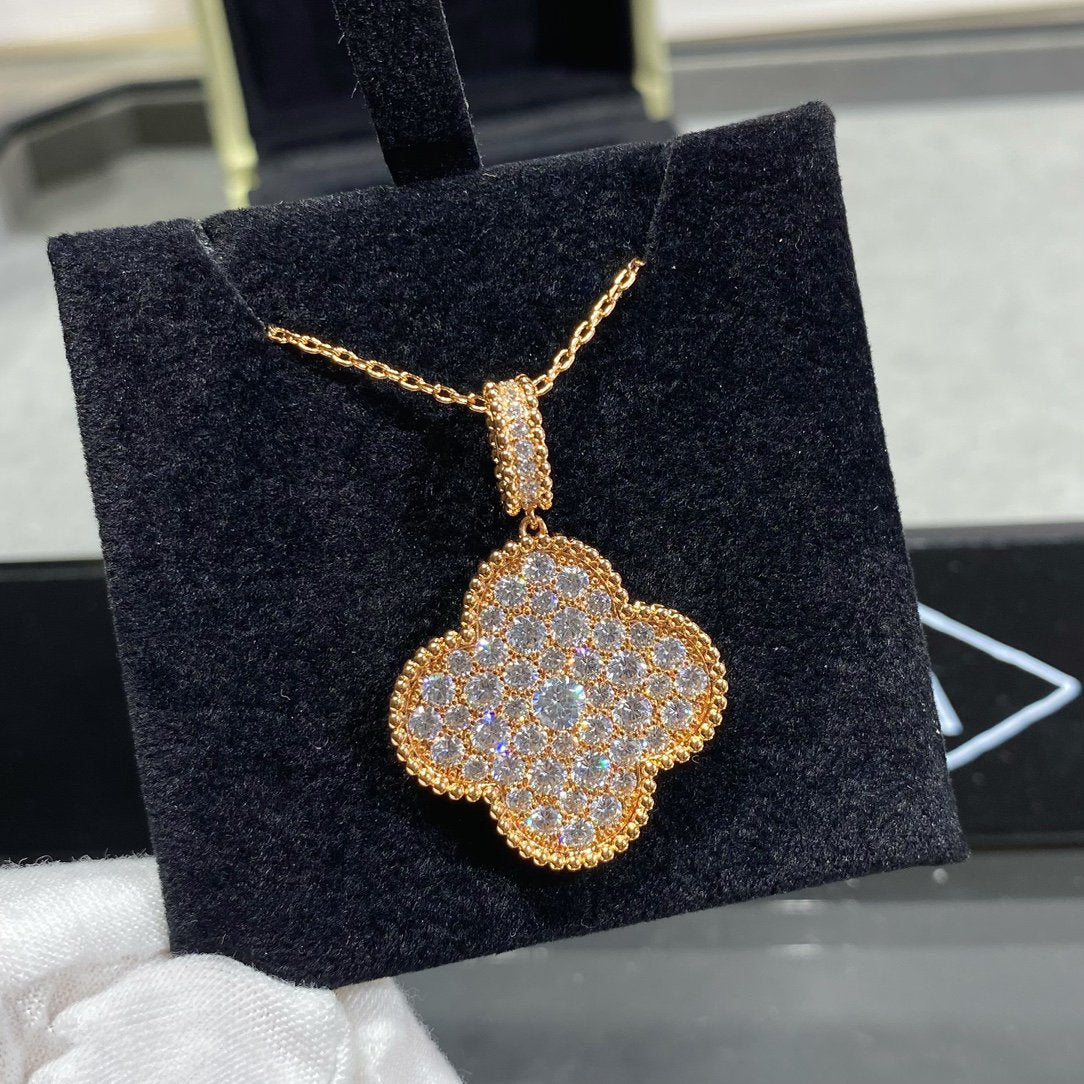 [Lumi Jewellery]CLOVER 25MM LARGE PEDANT DIAMOND PAVED LONG NECKLACE