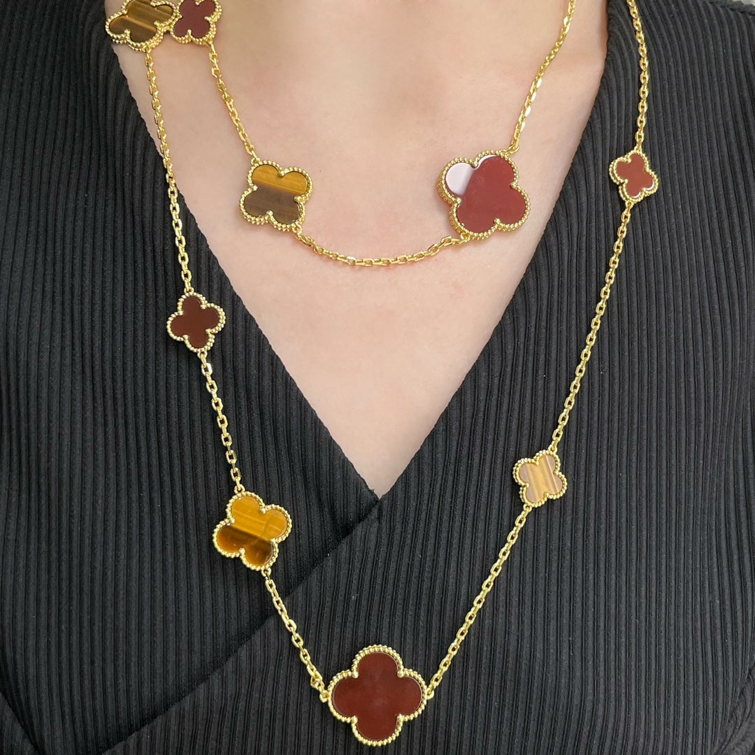 [Lumi Jewellery]CLOVER 16 MOTIF CARNELIAN TIGER EYE ROSE GOLD NECKLACE