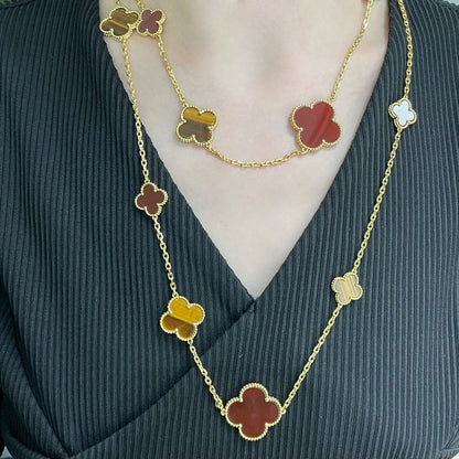 [Lumi Jewellery]CLOVER 16 MOTIF CARNELIAN TIGER EYE ROSE GOLD NECKLACE