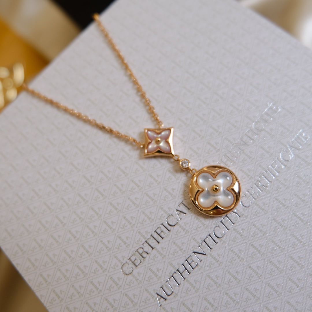 [Lumi Jewellery]STAR AND SUN WHITE MOP 2 MOTIF PINK GOLD NECKLACE
