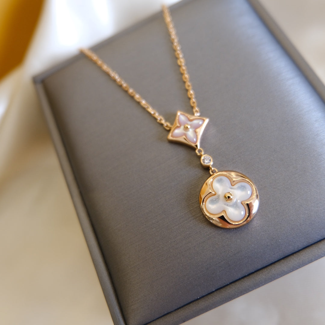 [Lumi Jewellery]STAR AND SUN WHITE MOP 2 MOTIF PINK GOLD NECKLACE