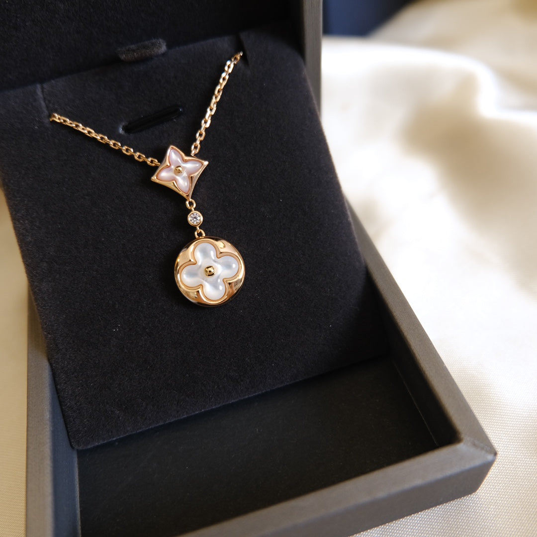 [Lumi Jewellery]STAR AND SUN WHITE MOP 2 MOTIF PINK GOLD NECKLACE