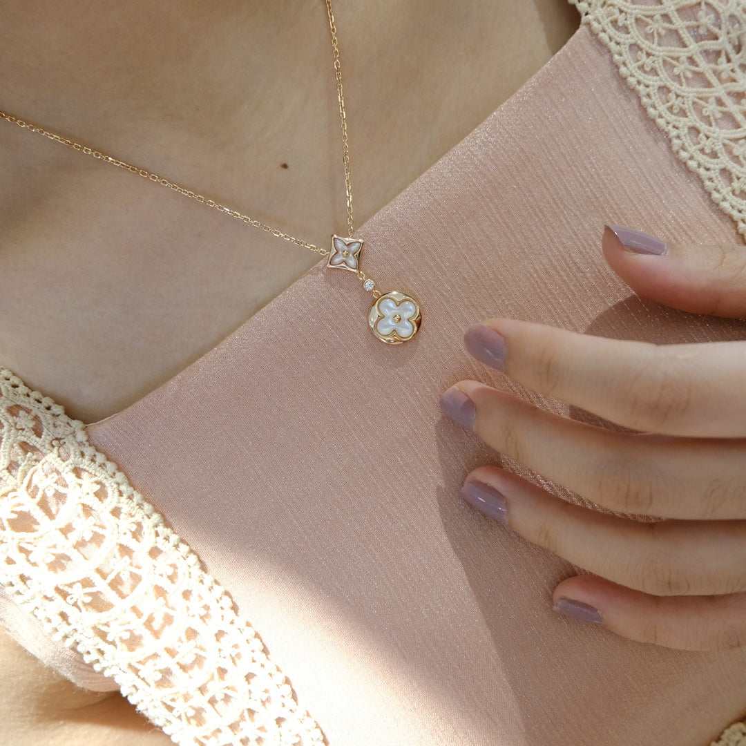 [Lumi Jewellery]STAR AND SUN WHITE MOP 2 MOTIF PINK GOLD NECKLACE