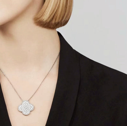 [Lumi Jewellery]CLOVER 25MM LARGE PENDANT DIAMOND PAVED SILVER NECKLACE