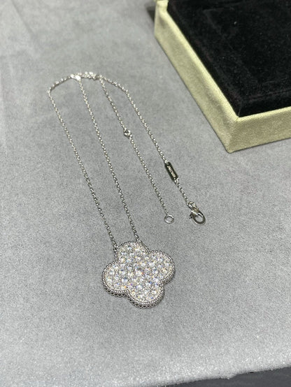 [Lumi Jewellery]CLOVER 25MM LARGE PENDANT DIAMOND PAVED SILVER NECKLACE