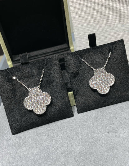 [Lumi Jewellery]CLOVER 25MM LARGE PENDANT DIAMOND PAVED SILVER NECKLACE