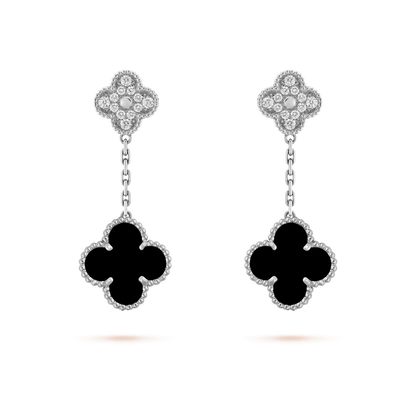 [Lumi Jewellery]CLOVER 2 MOTIFS  DIAMOND ONYX EARRINGS SILVER