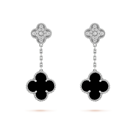 [Lumi Jewellery]CLOVER 2 MOTIFS  DIAMOND ONYX EARRINGS SILVER