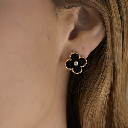 [Lumi Jewellery]CLOVER MEDIUM 1 MOTIFS ONYX DIAMOND EARRINGS